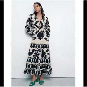 Zara Black White Print Tiered Maxi Dress XS